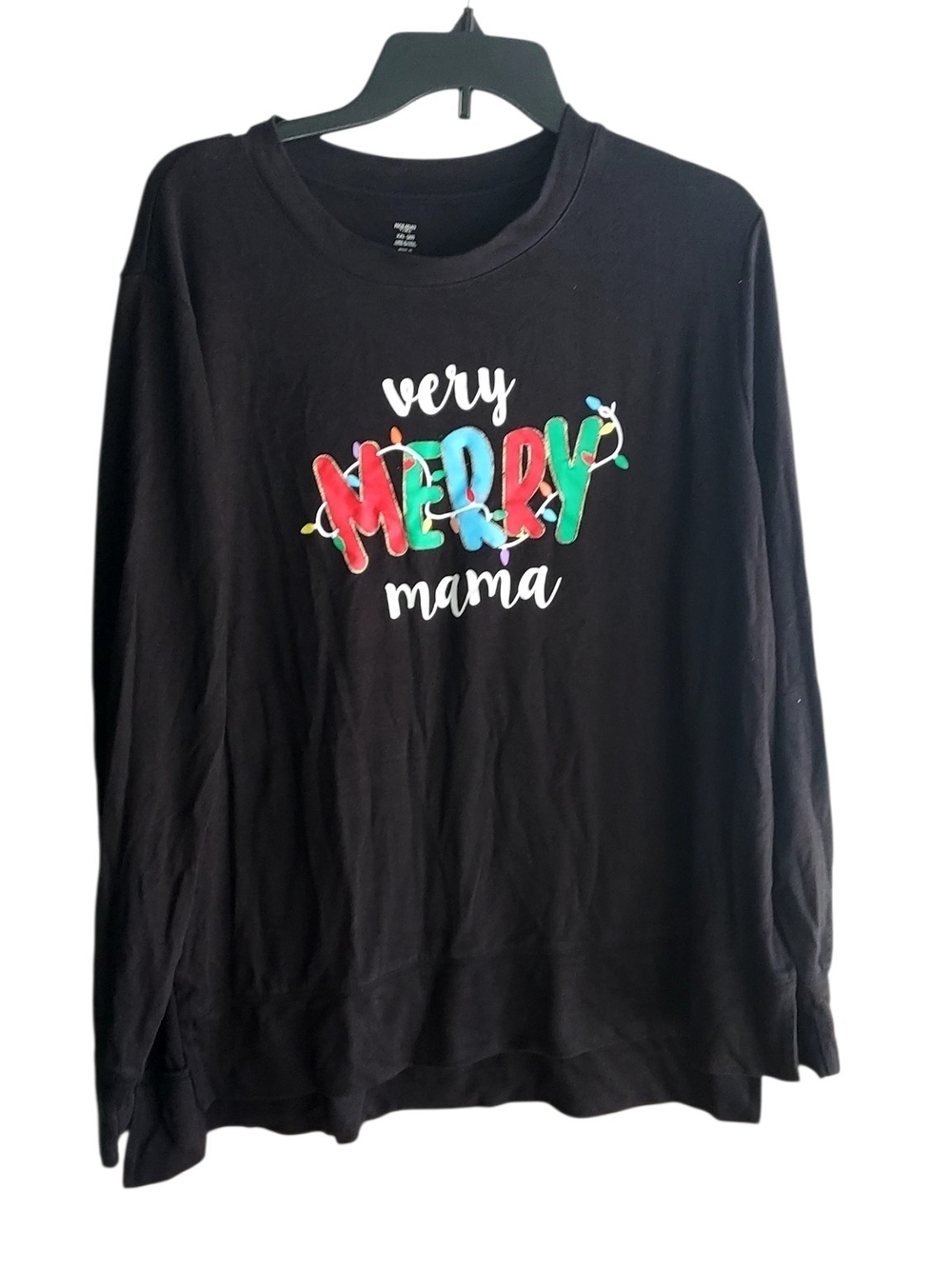 Holiday Time Black Long-Sleeve "Very Merry Mama" Tee with Colorful Lettering